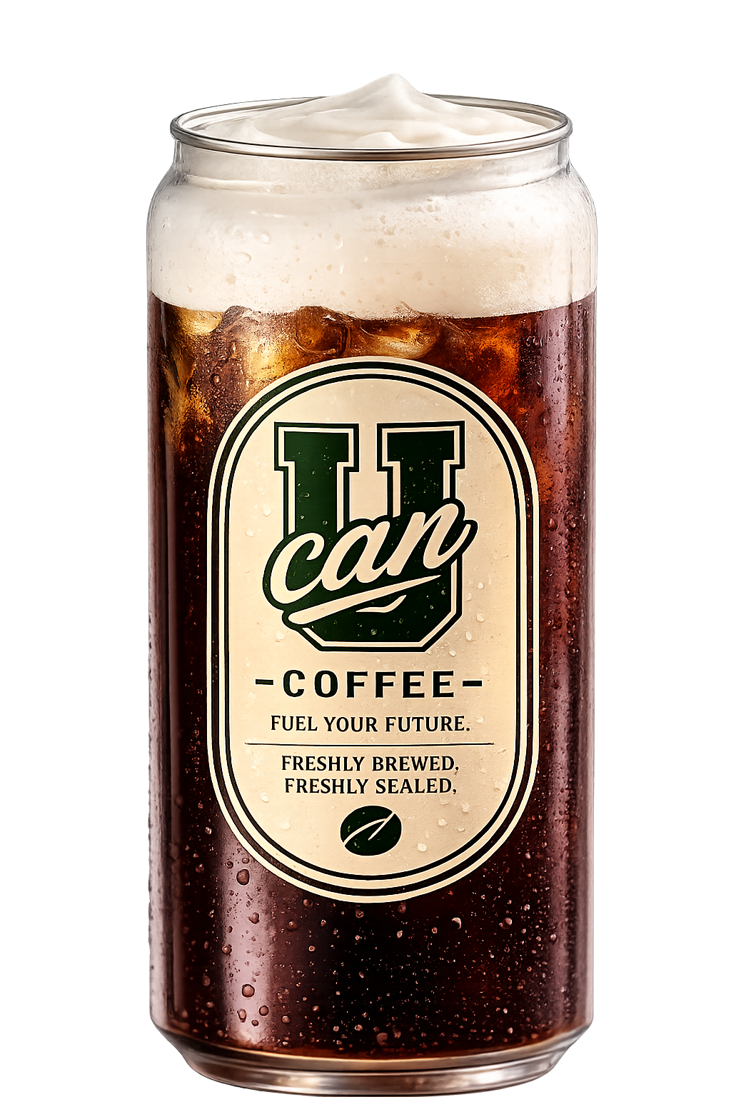 Ucan Coffee cold brew with cold foam in a clear sealed can